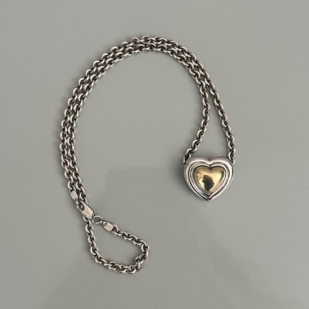 Vintage Movado 925 Sterling Silver & 18K Gold Heart Necklace